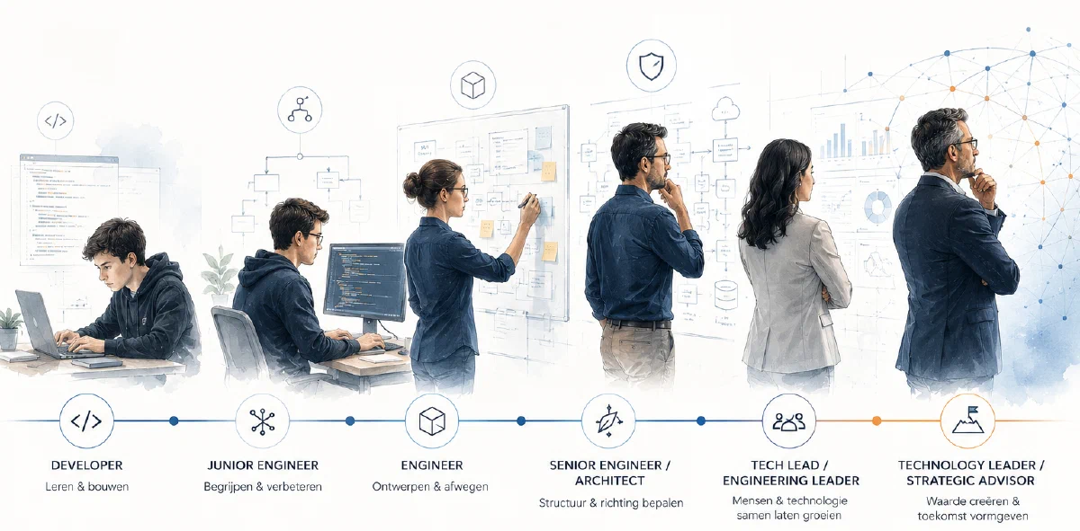 Visualisatie van de groei van developer naar technologie leider en strategisch adviseur